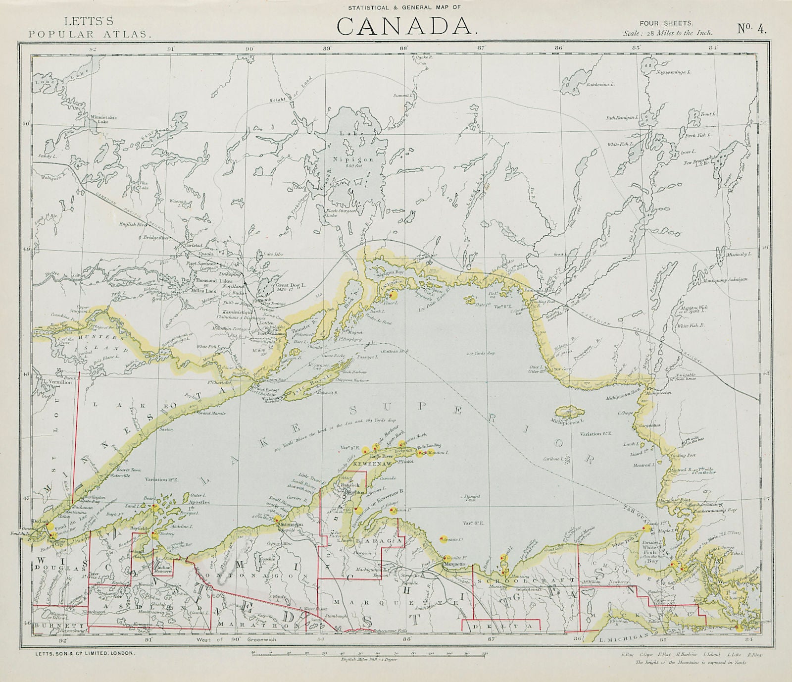 LAKE SUPERIOR. Canada Ontario Michigan. Lighthouses & Railroads. LETTS 1884 map